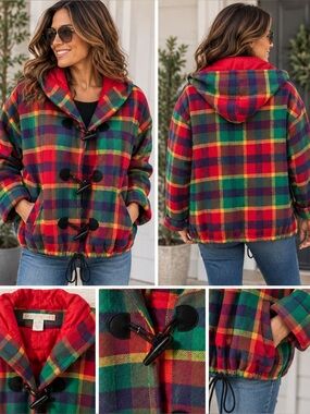 Multicolor Plaid Bomber Jacket with Red Lining